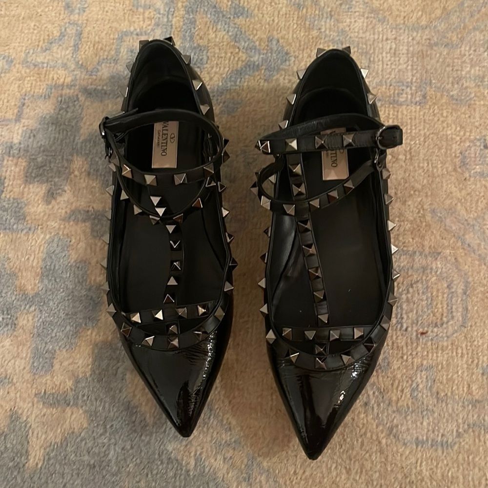 Valentino Garavani Rockstud Patent Caged Ballet Black Patent Leather size 40